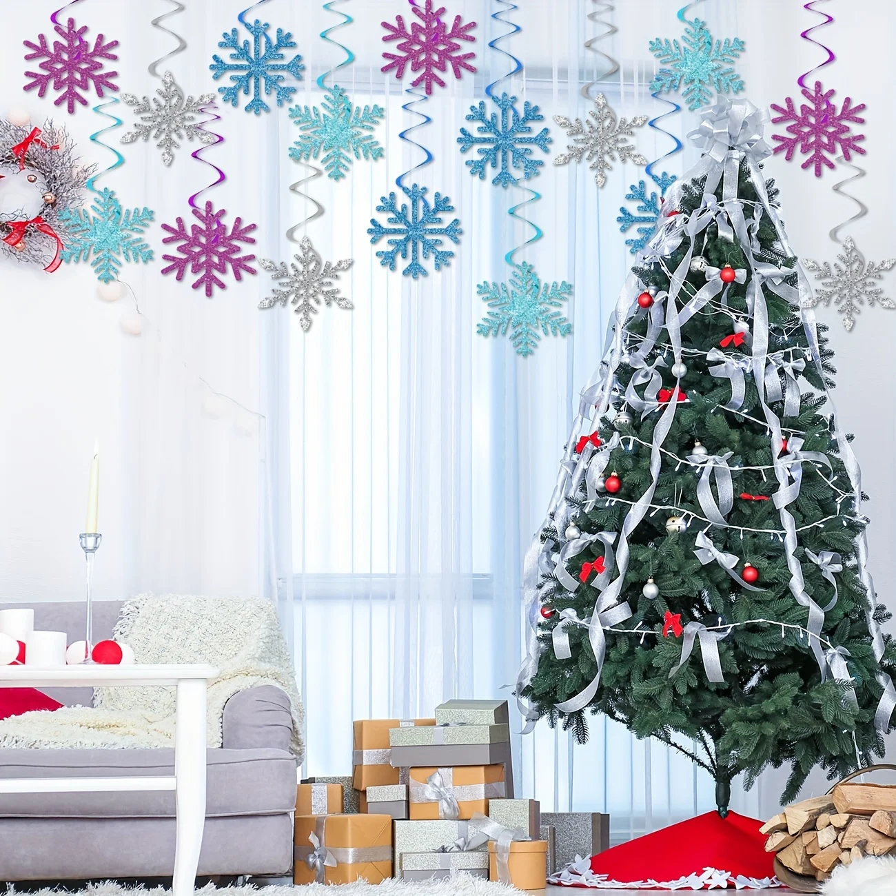 32Pcs Winter Snowflake Hanging Swirls Decorations, Winter Hanging Ceiling Streamers Purple Blue White Snowflakes Garland