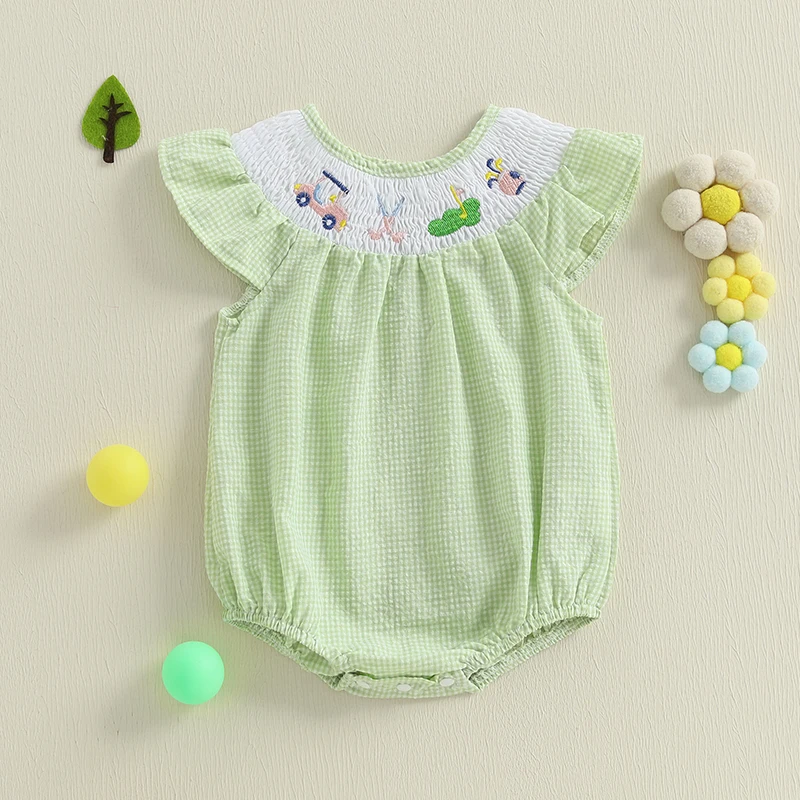 

Infant Baby Girls Summer Casual Rompers Clothes Golf Embroidered Plaid Smocked Crew Neck Flying Sleeve Playsuits Baby Clothing
