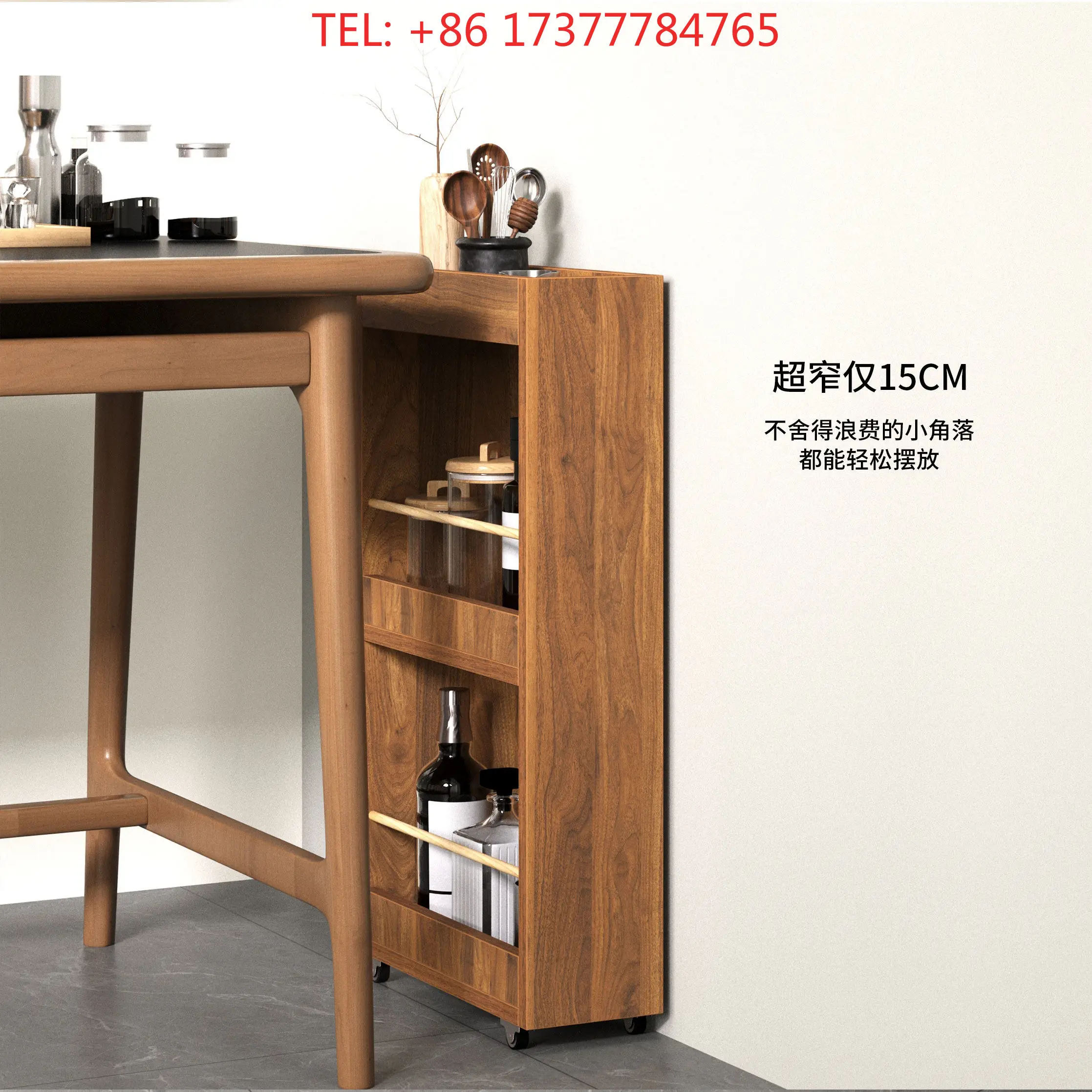 Narrow Walnut Mobile Bookshelf with Wheels Floor-to-ceiling Rolling Bookcase Storage Rack for Living Room Bedroom