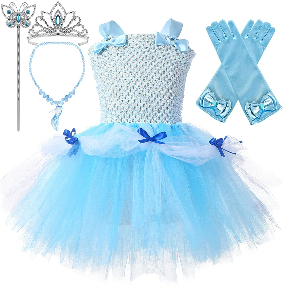 Blue Princess Cinderella Dresses for Girls Christmas Holiday Costumes Kids Lolita Ballet Tutu Outfits with Crown Stick Gloves