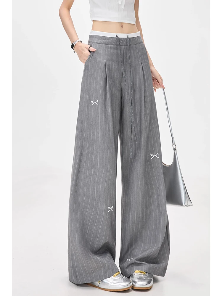 Y2K Harajuku Pants Japanese Streetwear Bow Print Stripe Suit Wide Leg Trousers High Waisted Loose Fit Lace Up Casual