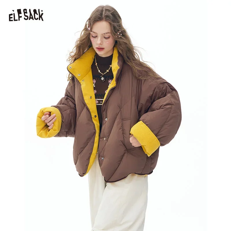 ELFSACK Y2K Minimalist Casual Loose Solid Reversible Hoodless Stand Collar Short Down Jacket For Women