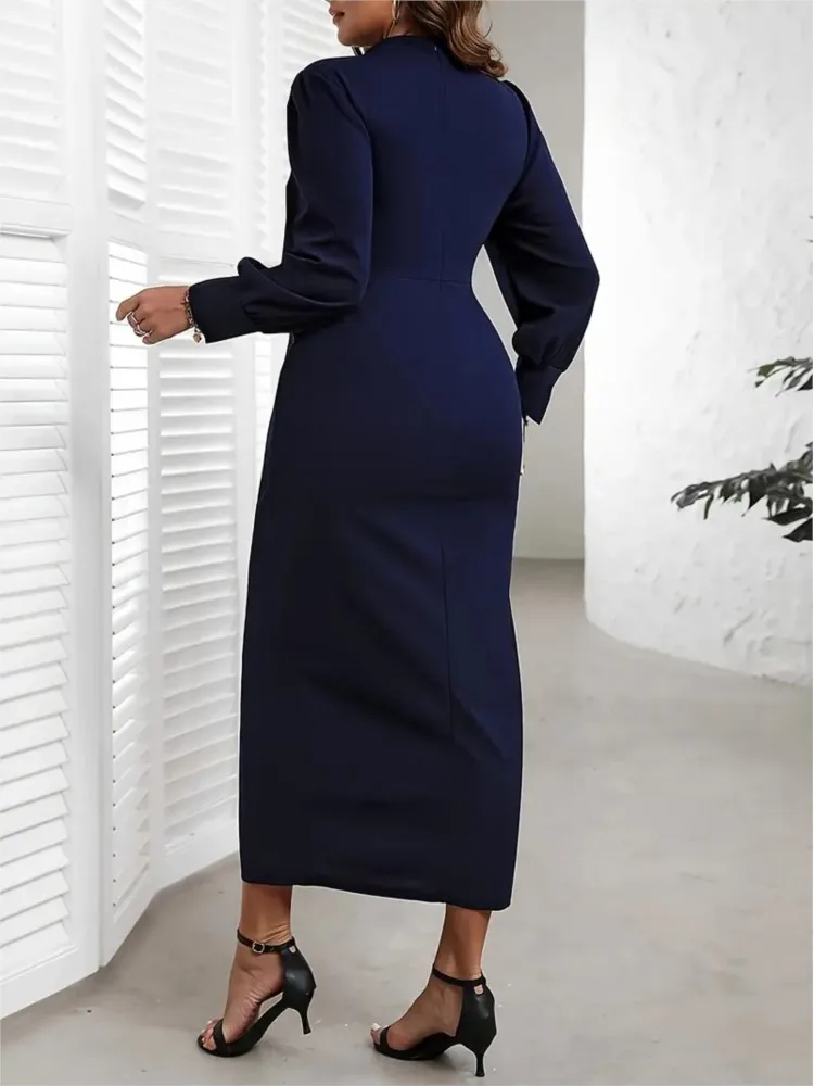 Plus Size Autumn Long Split Dress Women Ruffle Pleated Fashion Slim High Waist Bodycon Ladies Dresses Long Sleeve Woman Dress