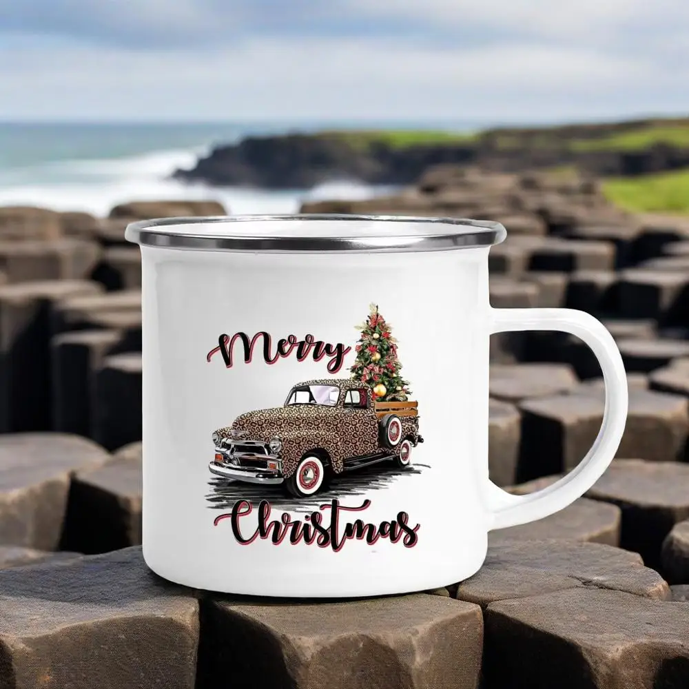 

Christmas Trees Truck Print Coffee Cup Christmas Party Table Decor Drinks Hot Cocoa Chocolate Cups Handle Enamel Mugs Xmas Gifts