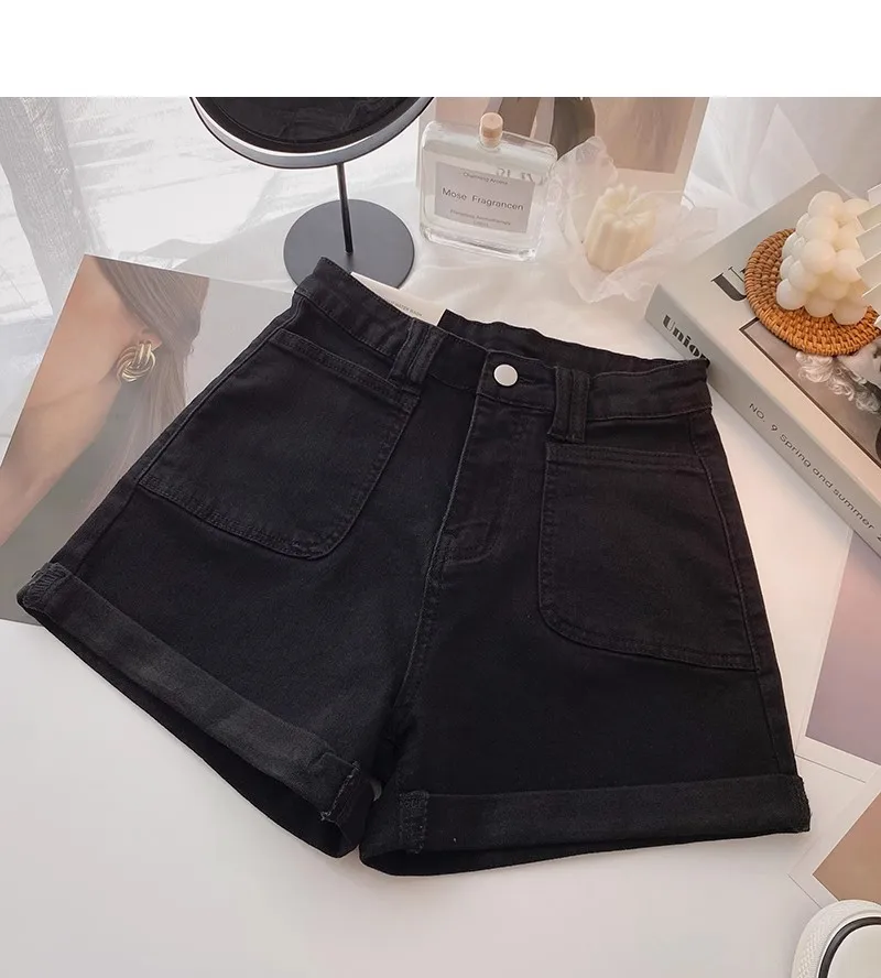 High Waist A-Line Cuffed Straight Leg Jeans Black Summer New Women's Korean Style Slimming Short Shorts Cool Feeling Denim