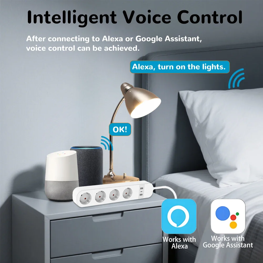 BORUIDAPLS FR Plug WiFi Smart Power Strip z USB i Type-C Voice/App/Timer Control Monitoring Energy 3 AC dla Alexa/Google Home