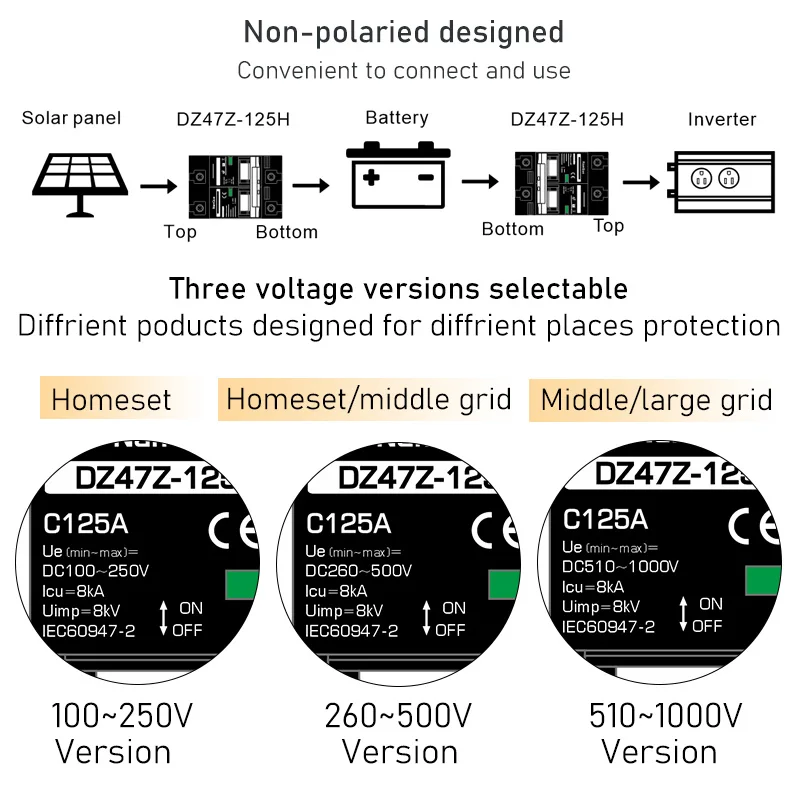 2P MCB 100A 125A 150A DC100V 150V 250V 500V 1000V Voltage Circuit Breaker C Curve Solar Panel Battery Short Circuit Protection