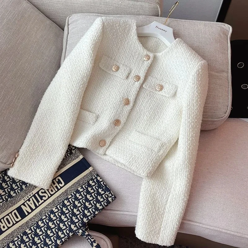 2024 Autumn Winter New Women Fashion Casual Versatile Round Neck Short Suit Coat Small Fragrance Tweed Jacket Female Outerwear