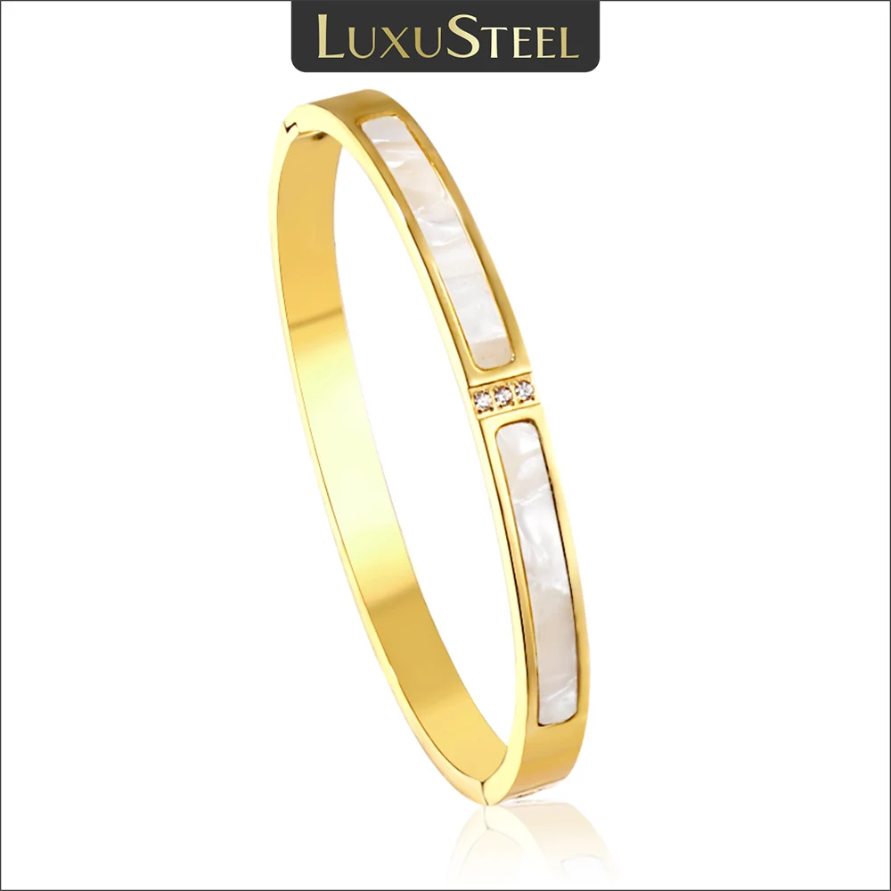 LUXUSTEEL Luxury White Shell Bangles&Bracelets For Women Stainless Steel Golden Plated Cubic Zirconia Wedding Jewelry Gifts