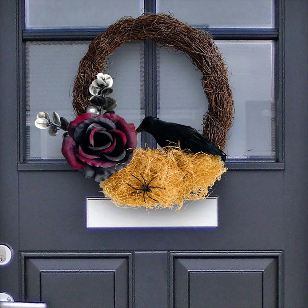 

1pcs Halloween Wreath Dead Branch Flower Crow Wreath Simulation Crow European And American= Horror Party Decoration Home Decor