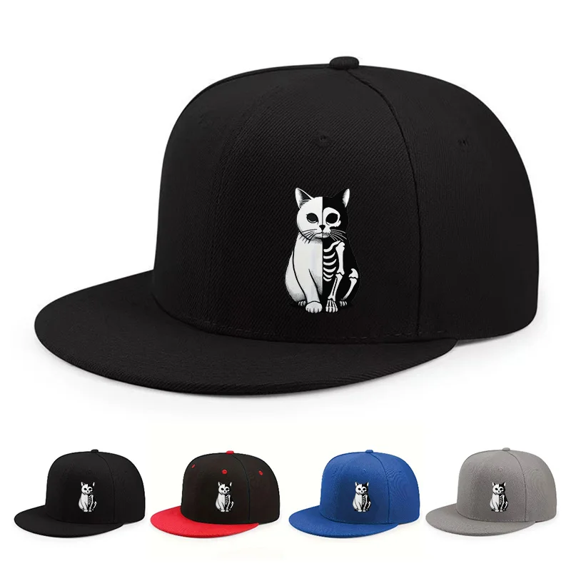 Split Skeleton Cat Graphic Flat Brim Baseball Cap Unisex Adjustable Halloween Hip Hop Hat