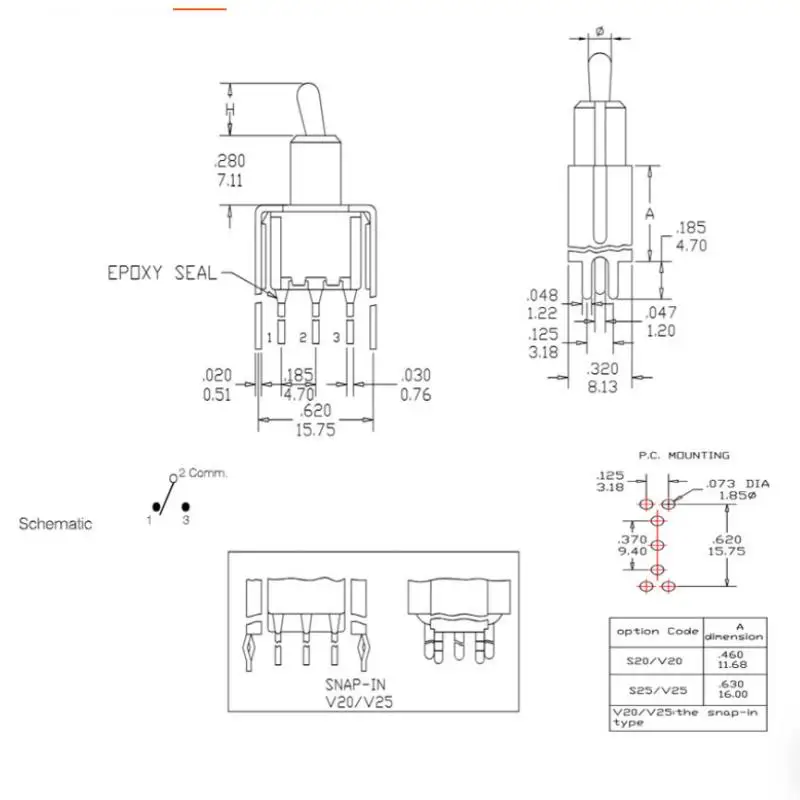 1/3Pcs T8013-TNCQ-S20 Toggle Switch T80-T Series Vertical Right Angle 3Pin ON-ON 2 Position Button With Bracket