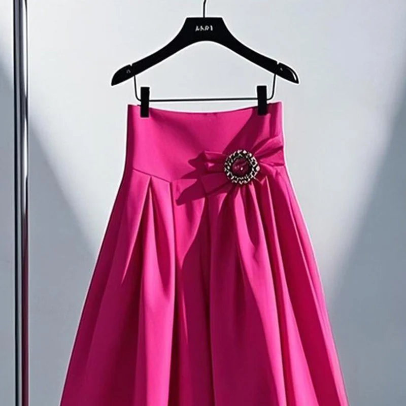 ฤดูใบไม้ร่วงแฟชั่นดอกไม้สีทึบเอวสูง A-Line กระโปรงหญิงอารมณ์จีบหลวมยืดหยุ่นเอวปุ่มจีบกระโปรง