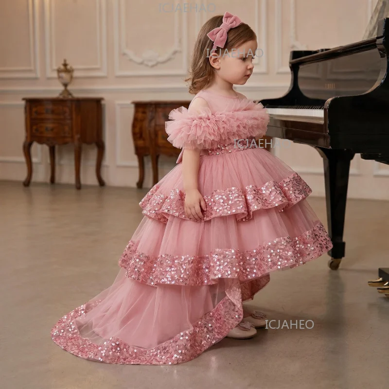 2026 Children Girls Tulle Princess Dress  Sequin Flower Girl Pageant Party Outfit Costume Elegant Kids Sweep Train Gown Fashion