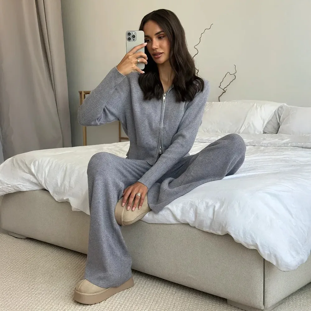 Осенне-зимний женский вязаный брючный костюм, модный милый однотонный толстый теплый кардиган, свитер, повседневные вязаные широкие брюки, 2 шт.