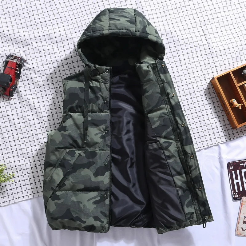 Spring Winter Men Plus Large Size 6xl 7xl Vest Hat Detachable Camouflage Sleeveless Jackets Warm Parka for Men Unisex Waistcoat