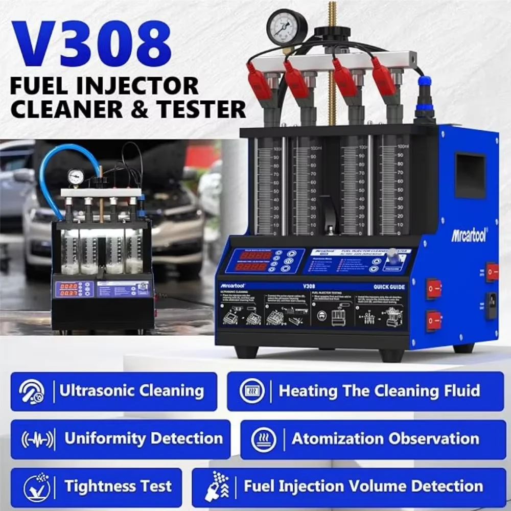 MR CARTOOL V308 Injector Cleaner Machine 4-Cylinder Injector Cleaner Tester Machine Heated Ultrasonic Fuel System Injection Cleaning Kit for Petrol Car Motorcycle 110V
