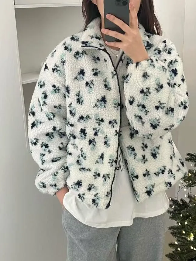 

Winter New Faion Thiened Cotton Jaet Women's Zipper Hoodie Floral Print Mixed Wool Lamb Fur Loose Versatile Outerwear
