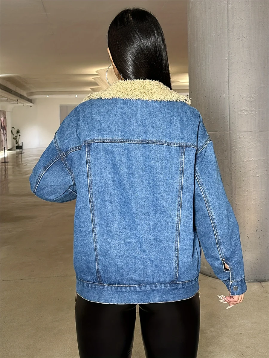 Benuynffy Nieuwe Vintage Lamswollen Denim Jas Dames Herfst Winter Single Breasted Casual Losse Fleece Jean Jas Top Streetwear