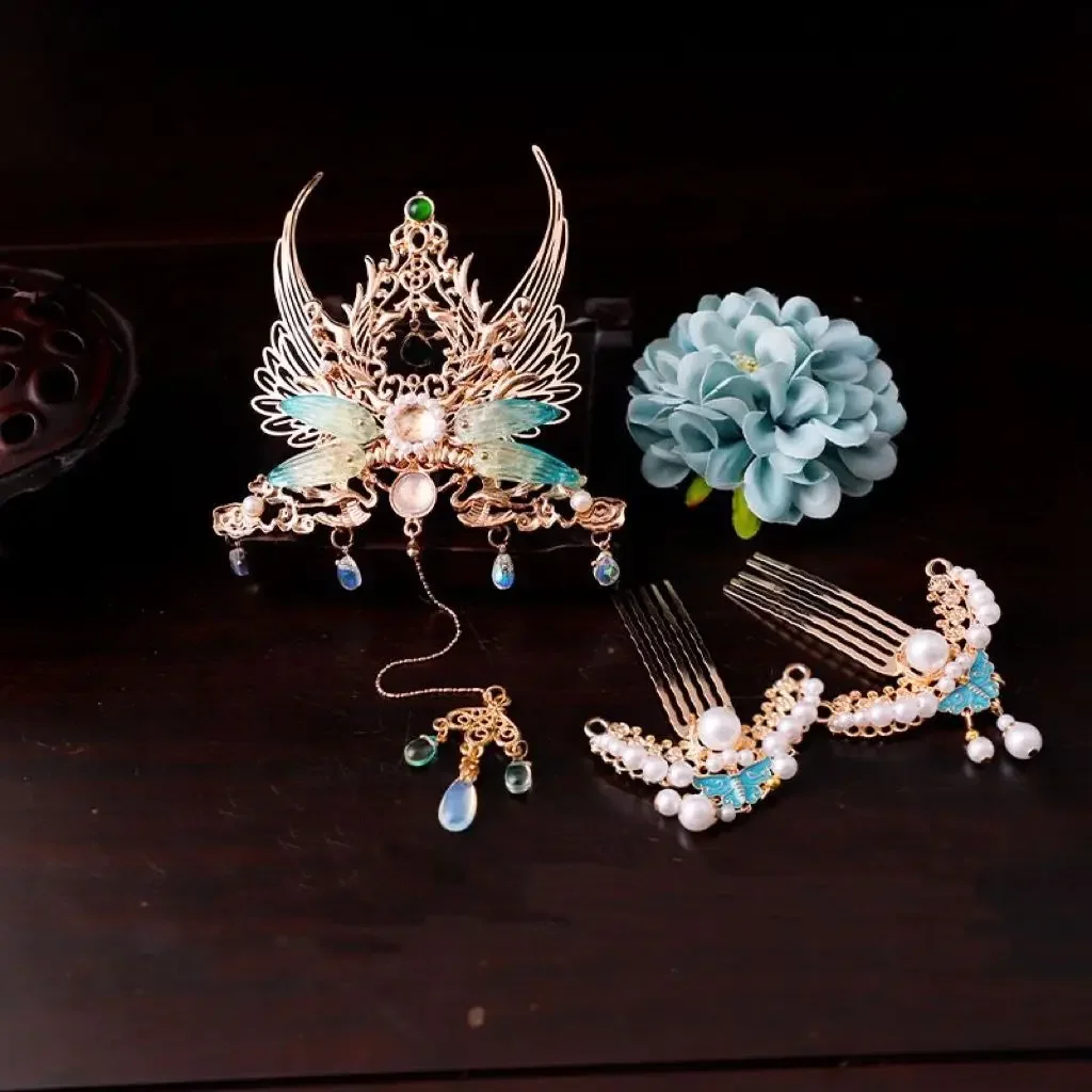 Womens Gold Plated Wings With Blue Beads Fringe Hair Stick 3pcs Set Headwear