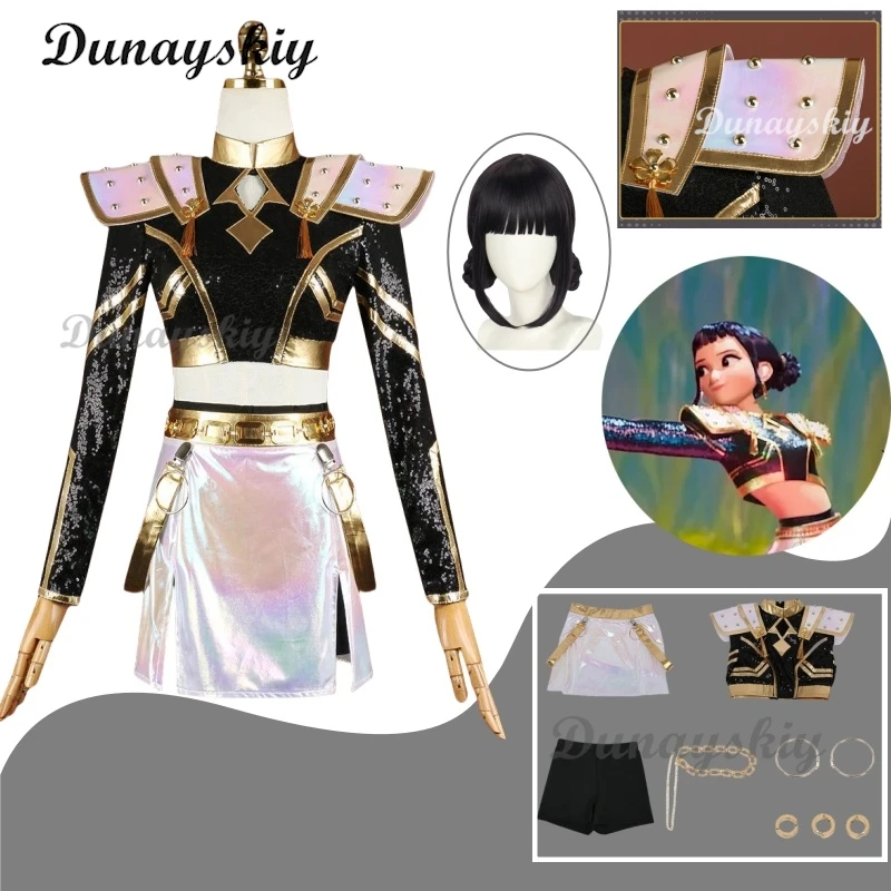 

KPop Demon Hunters Zoey Cosplay Costume Wig Black Gold Stage Outfit Huntrix Uniform Halloween Party Women Girls Carnival Suit