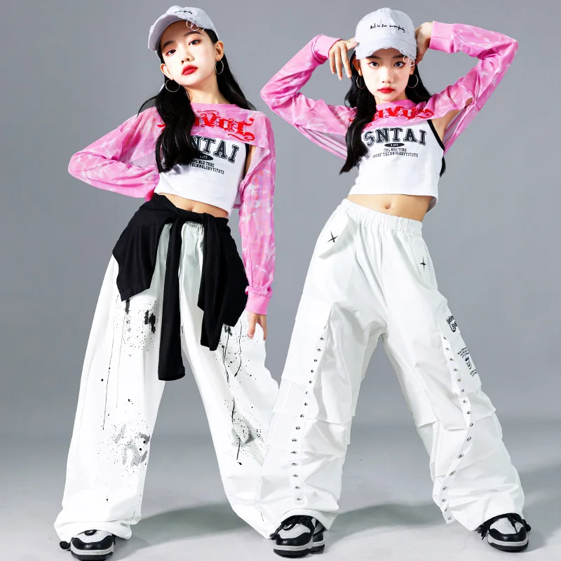 Kid Hip Hop Clothing Pink Crop Top Tank White Casual Print Strap Rivet Cargo Pants for Girl Jazz Dance Costume Clothes Outfits