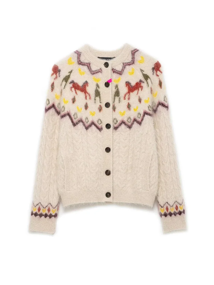 

HH 2026 Woman Versatile Long Sleeves Single Breasted Round Neck Pockets Decoration Cardigan Female Spring Printed Knitted Coats