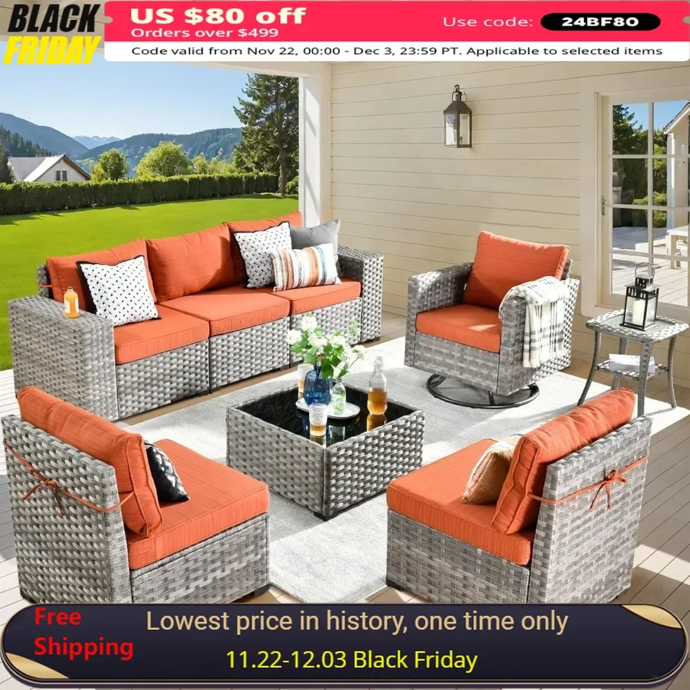 Outdoor Sectional Sofa, Sofa with Swivel Rocking Chairs, Wide Arms and Deep Seat, Wicker Rattan 8 Pieces Patio Furniture Set