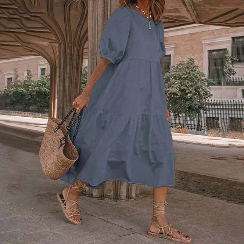 Summer New Solid Color Short Sleeved Loose For Women\'s Dresses Fashion Casual Patchwork Retro Beach Holiday Maxi Female Sundress