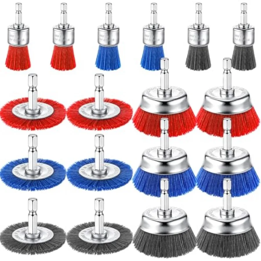 

18 Pack Nylon Filament Abrasive Wire Brush Wheel and Cup Brush Set with 1/4in Hex Shank for Cleaning Sanding Drill Scrub Brushe