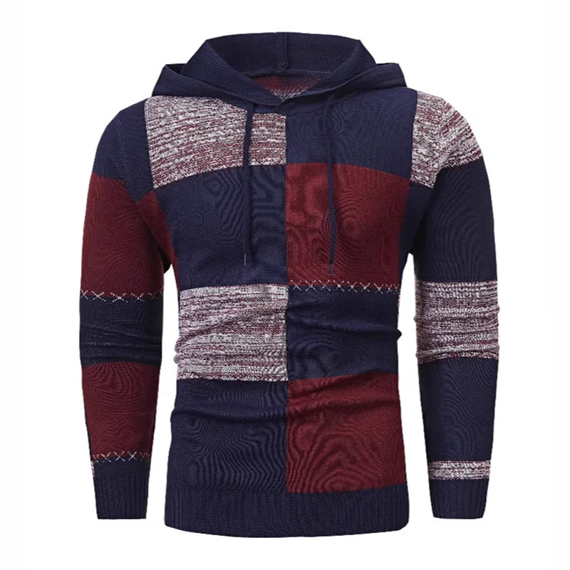 

Pop Men's Hooded Sweater Autumn Winter Knitting Pullovers Fashion Streetwear Patchwork Casual Pull On Sweater Knit Hooded Pullov