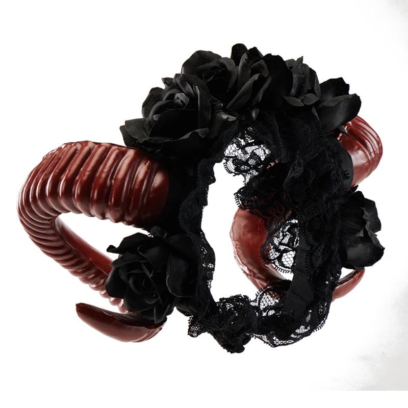 Steampunk Sheep Horn Headbands Gothic Lolita Red Demon Horns Retro Black Rose Headwear Cosplay Props Women Halloween Party Headd