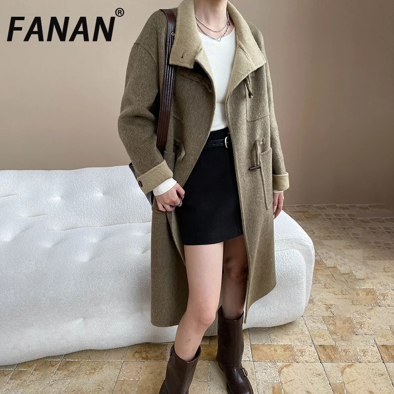

FANAN Высококачественные 100% шерстяные пальто для женщин с воротником-стойкой, однобортная, толстая, теплая, длинная верхняя одежда, офисная женская одежда, зимняя новинка