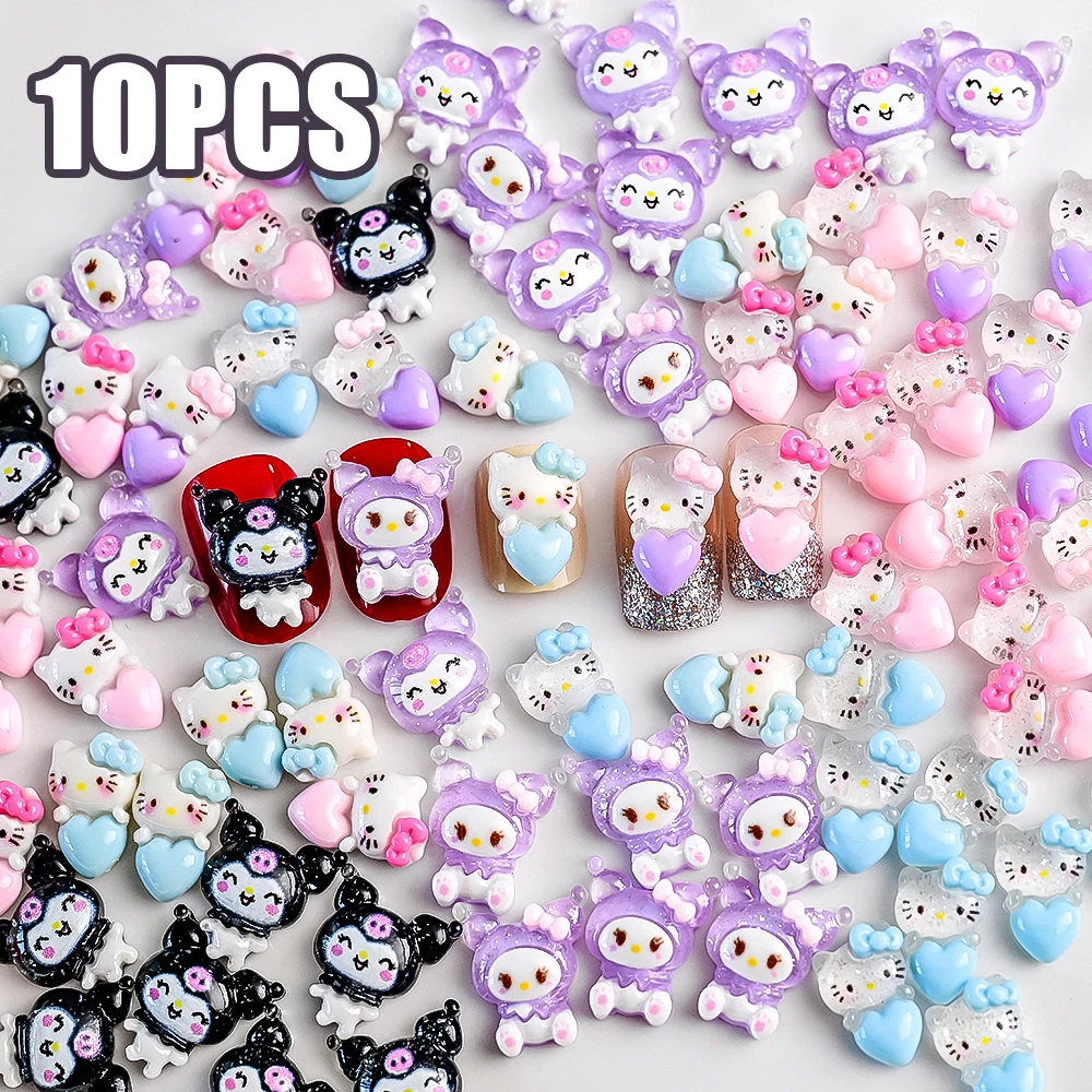 10Pcs Sanrio Kawaii Love Heart Kittycat Nail Art Charms Kuromi Resin Nail Charms For DIY 3D Nail Art Decor Sanrio Nail Accessory