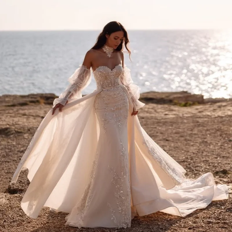 White Appliques Wedding Dresses of off-shoulder fishtail glitter decal Long tail Bridal Gowns Made Customized