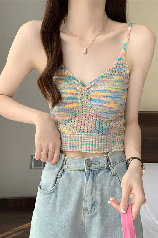 

Hot Girls Colorful Striped Knitted Suspender Vest Summer Short Design Tube Top Chic Sweet and Spicy Top