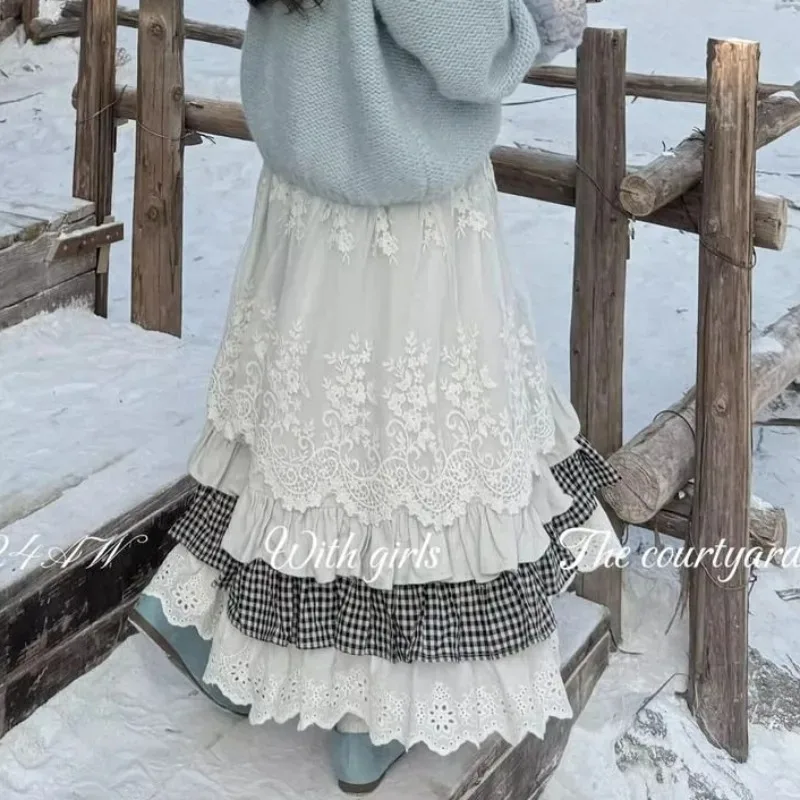 Sweet Vintage Mori Girl Style High Waist Splicing Plaid Women Long Skirt Winter New Korean Fashion Beige Lace Kawaii Maxi Skirts