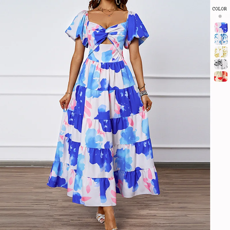 

New Summer Styles From Europe and America - Elegant Floral Laceless Off-shoulder Printed Dress for Women Exuding A Sense