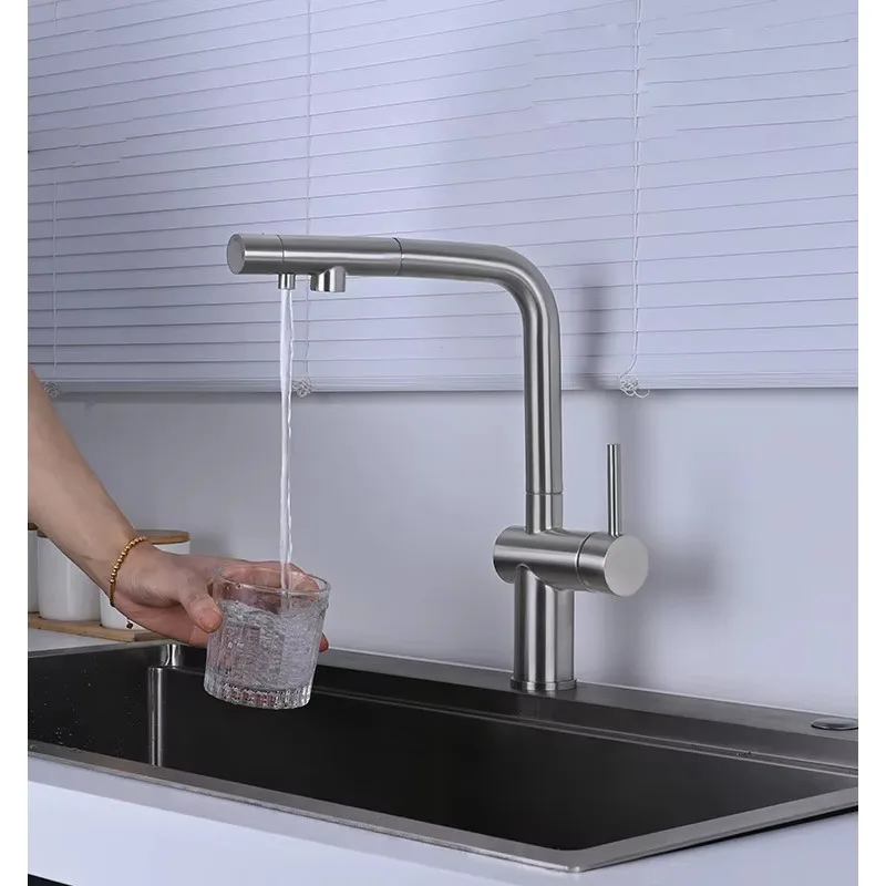 التصميم الحديث 3 في 1 صنبور المطبخ للشرب المباشر مقبض واحد صمام السيراميك سحب خارج تنقية المياه الحنفية لفتحة واحدة #2