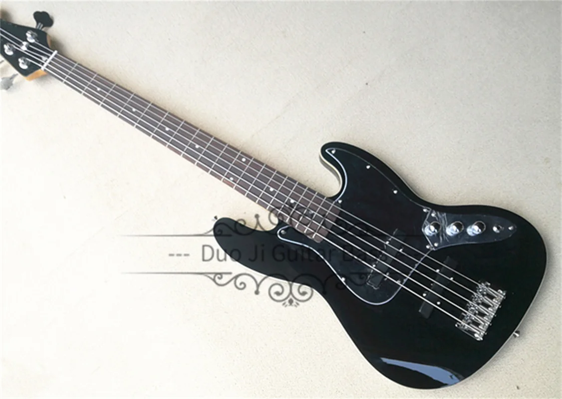 5 Strings Bass Guitar Black Bass Basswood Body White Binding Maple Neck Fixed Bridge Chrome Tuners