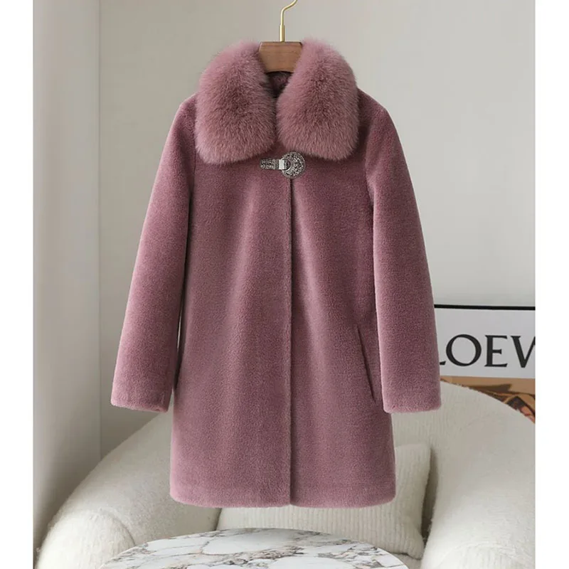 

2026Новинка, осенне-зимняя шуба для мам среднего возраста, женская меховая куртка с интегрированной отделкой, длинное шерстяное пальто, плотная верхняя одежда, женский топ