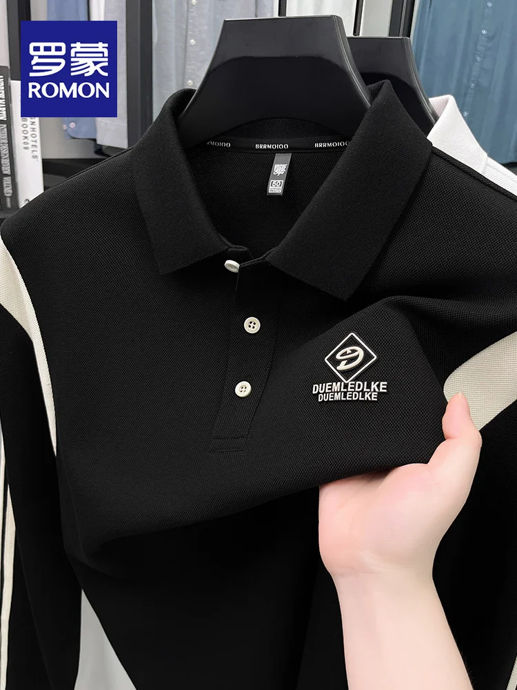 

Мужская хлопковая футболка Lormen с воротником, лоскутным дизайном, длинным рукавом, повседневная, для весны и осени, высококачественная, для среднего возраста, деловой повседневный стиль