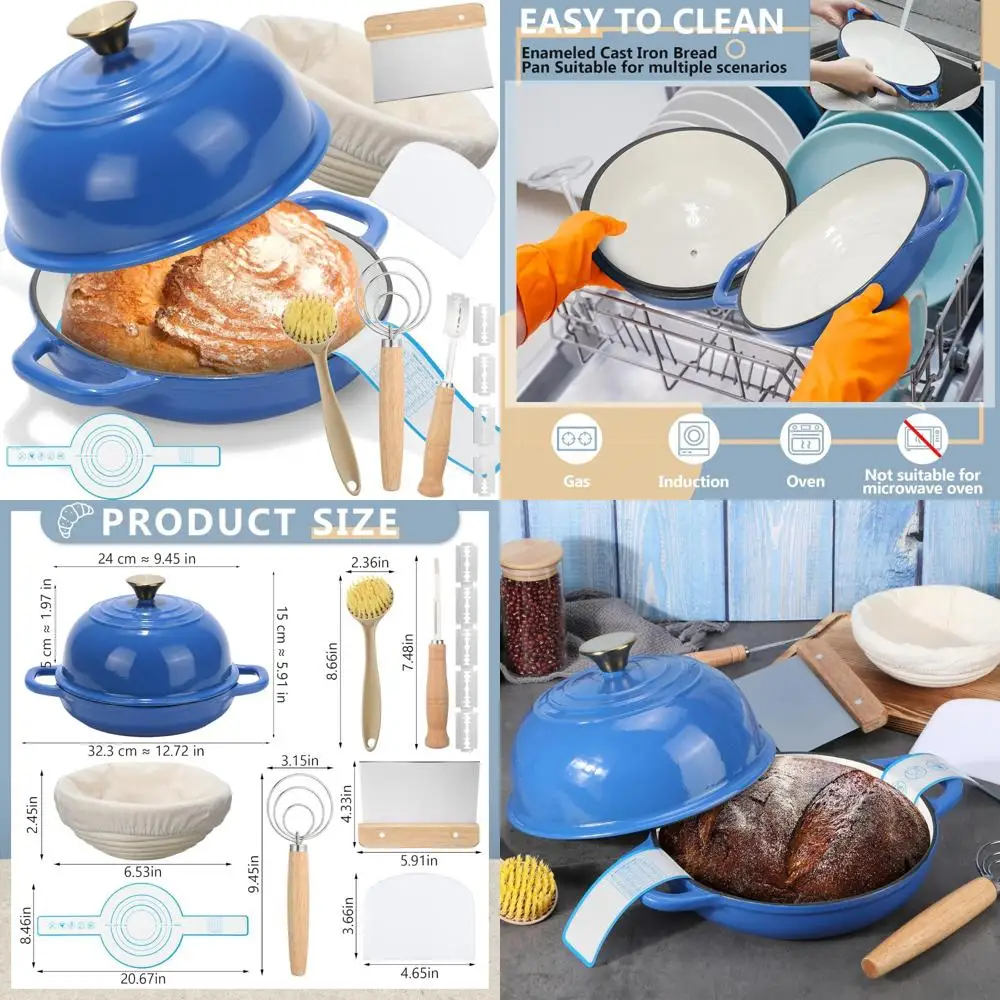 

Enameled Cast Iron Dutch Oven with Lid for Sourdough Baking - 8 Piece Set Including Bread Proofing Basket for Enhanced Baking Ex