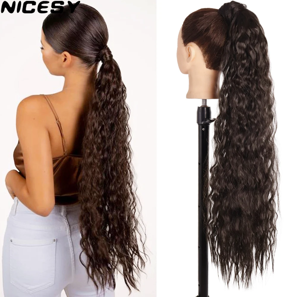 

Synthetic Long Corn Wavy Ponytail Extension Wrap Around Clip In Hair Extensions Black Brown Blonde Pony Tail Hairstyle