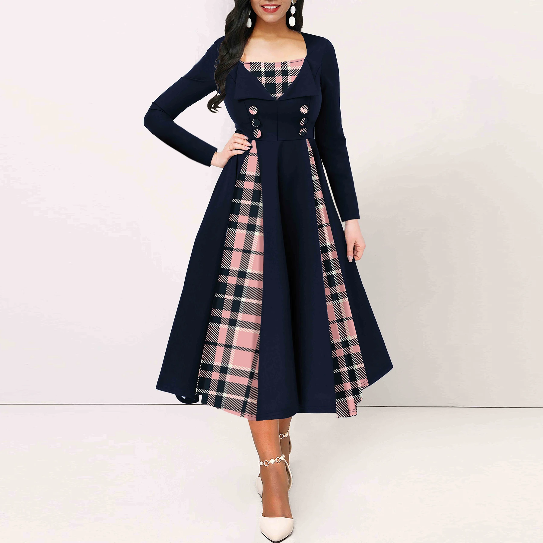 Plus Size Plaid Print Dress, Casual Long Sleeve Square Neck Dress For Spring, Women\'s Plus Size Clothing