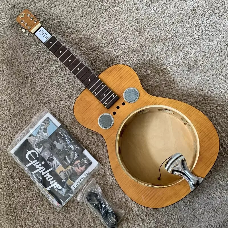 C970  Genuine EPI Yellow Flamed Maple Dobro Unfinished Version No Hardwares with Grover Machine Heads DIY Replace Parts