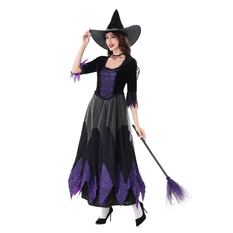 2025 nuevo disfraz de Halloween para mujer, disfraz de bruja de malla púrpura para adulto, conjunto de vestido de manga larga para actuación de fiesta de carnaval