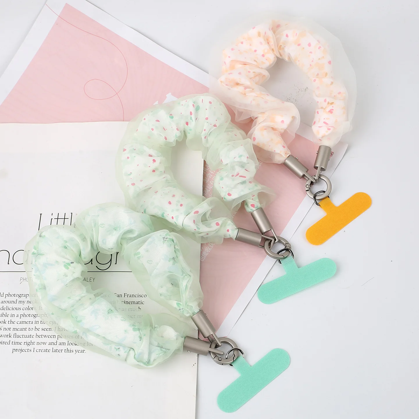 Cute Sweet Mesh Floral Scrunchie Keychain Women Lace Hair Tie Bag Hanging Strap Cute Cloth Wrist Lanyard Backpack Decor Pendant