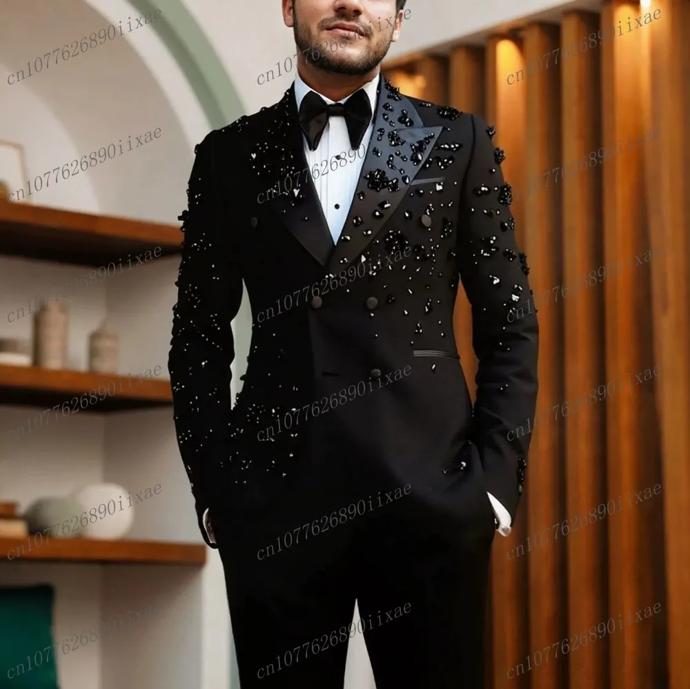 

New Luxury Black Crystal Men Suit Formal Groom Wedding Party Prom Business Male Tuxedos Customized 2 Piece Set Jacket Pants