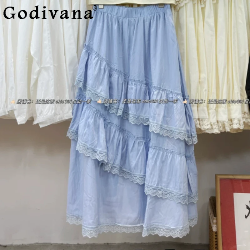

New Sweet Lace Ruffles Women Irregular Elastic Waist Long Skirt 2026 Summer Fashion Age Reduction Loose Cake Short Skirts